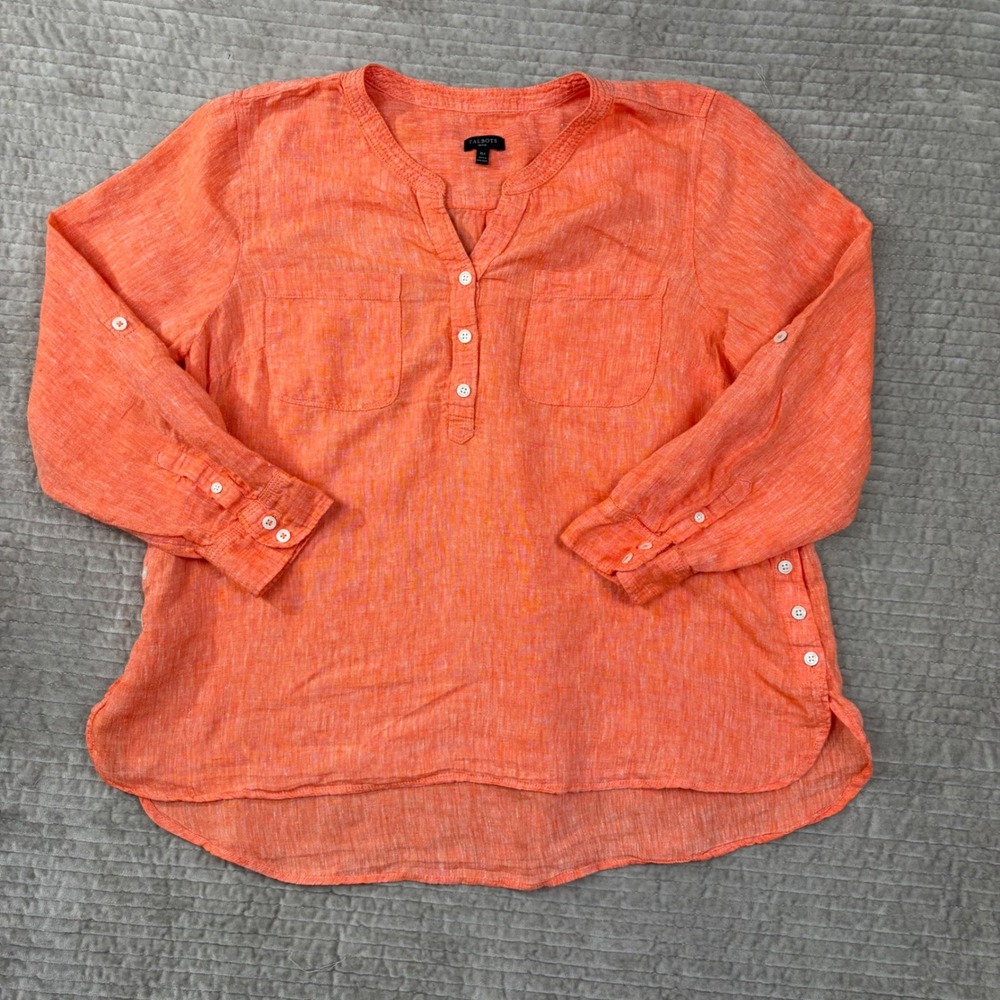 Talbots Petite XL Orange 100% Linen Button Tab Sleeve Pocket Tunic Blouse‎